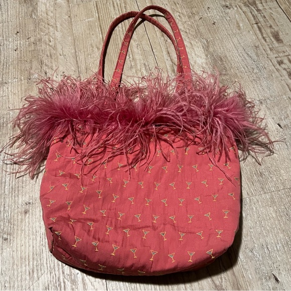 Pink with Martinis/ green with flamingos reversible tote with ostrich feathers - Picture 2 of 6